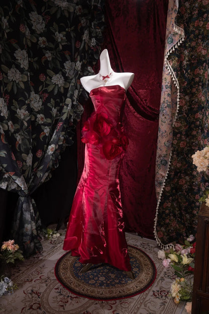 Elegant Mermaid Strapless Burgundy With 3D Flowers Long Prom Dresses Formal Outfit Evening Night Dress RB8045