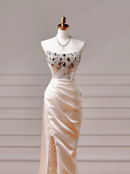 Chic Prom Dresses Aesthetic Mermaid Strapless Blush Pink Satin With Pleated Beads Slit Inspo Impress Long Party Formal Gown For Teenagers High Schools AQ020