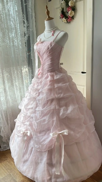 Sweet 15 Quinceanera Dress Ball Gown Spaghetti Straps Pink With Ruffled Fold Long 15th Birthday Gown RC0390