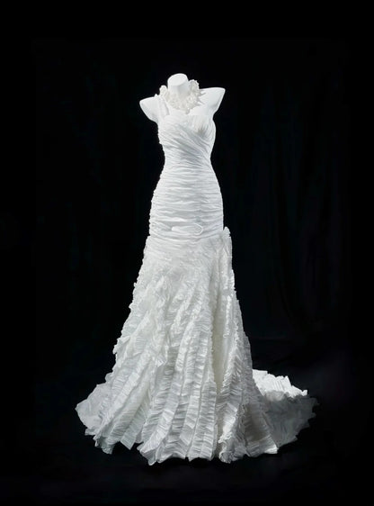 Vintage Mermaid One Shoulder White With Tiered Layers Brides Gown Bridal Dress Wedding Dresses Style RB7556