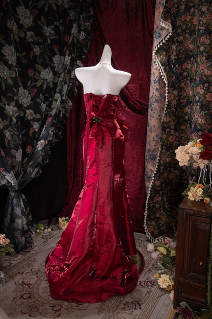 Elegant Mermaid Strapless Burgundy With 3D Flowers Long Prom Dresses Formal Outfit Evening Night Dress RB8045