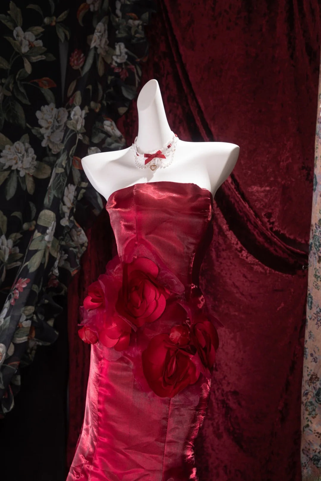 Elegant Mermaid Strapless Burgundy With 3D Flowers Long Prom Dresses Formal Outfit Evening Night Dress RB8045