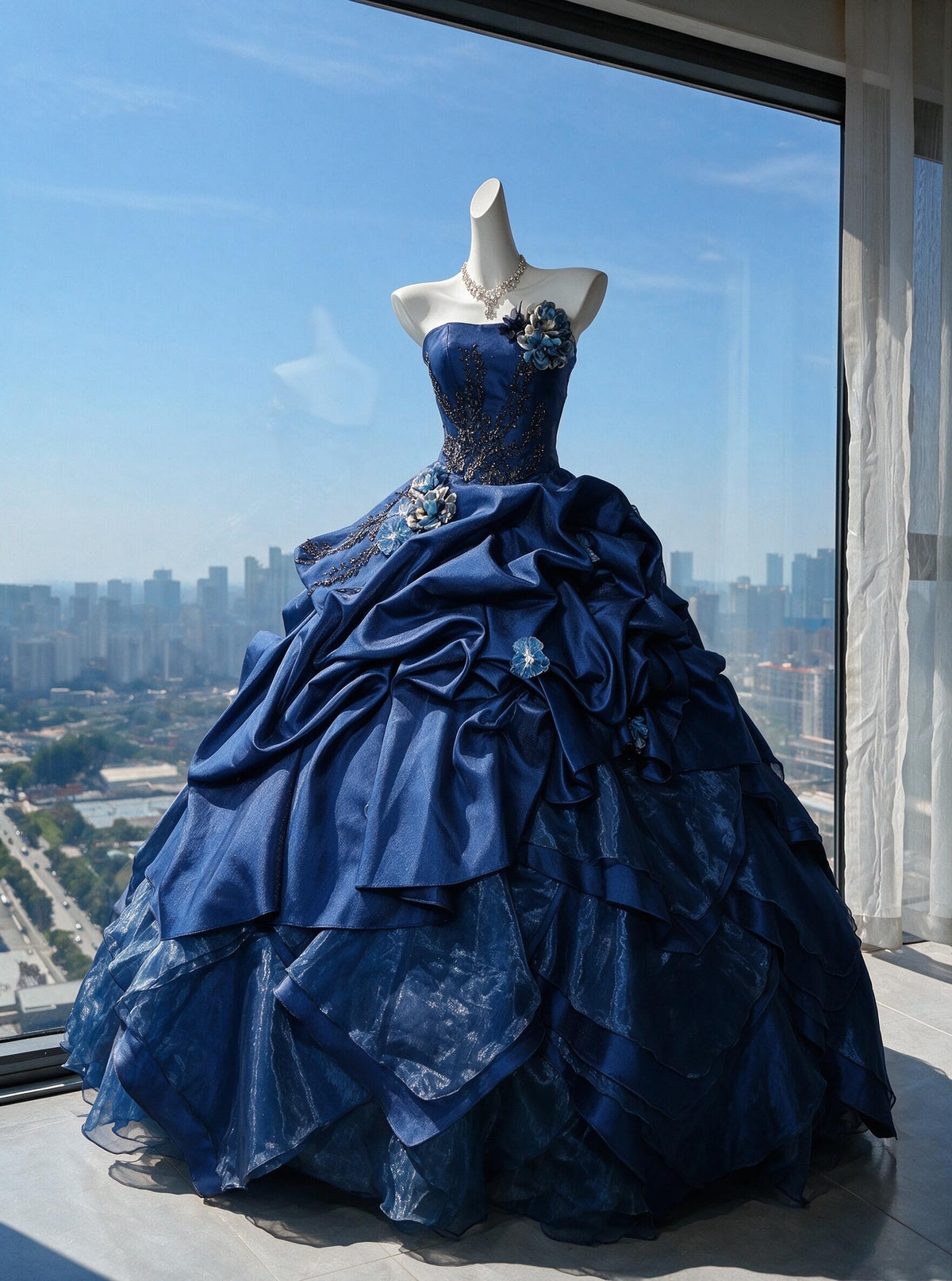 Fairytale Quinceanera Dress Ball Gown Strapless Navy Blue Satin With Ruffled Layers 15th Birthday Party Outfit RC0981