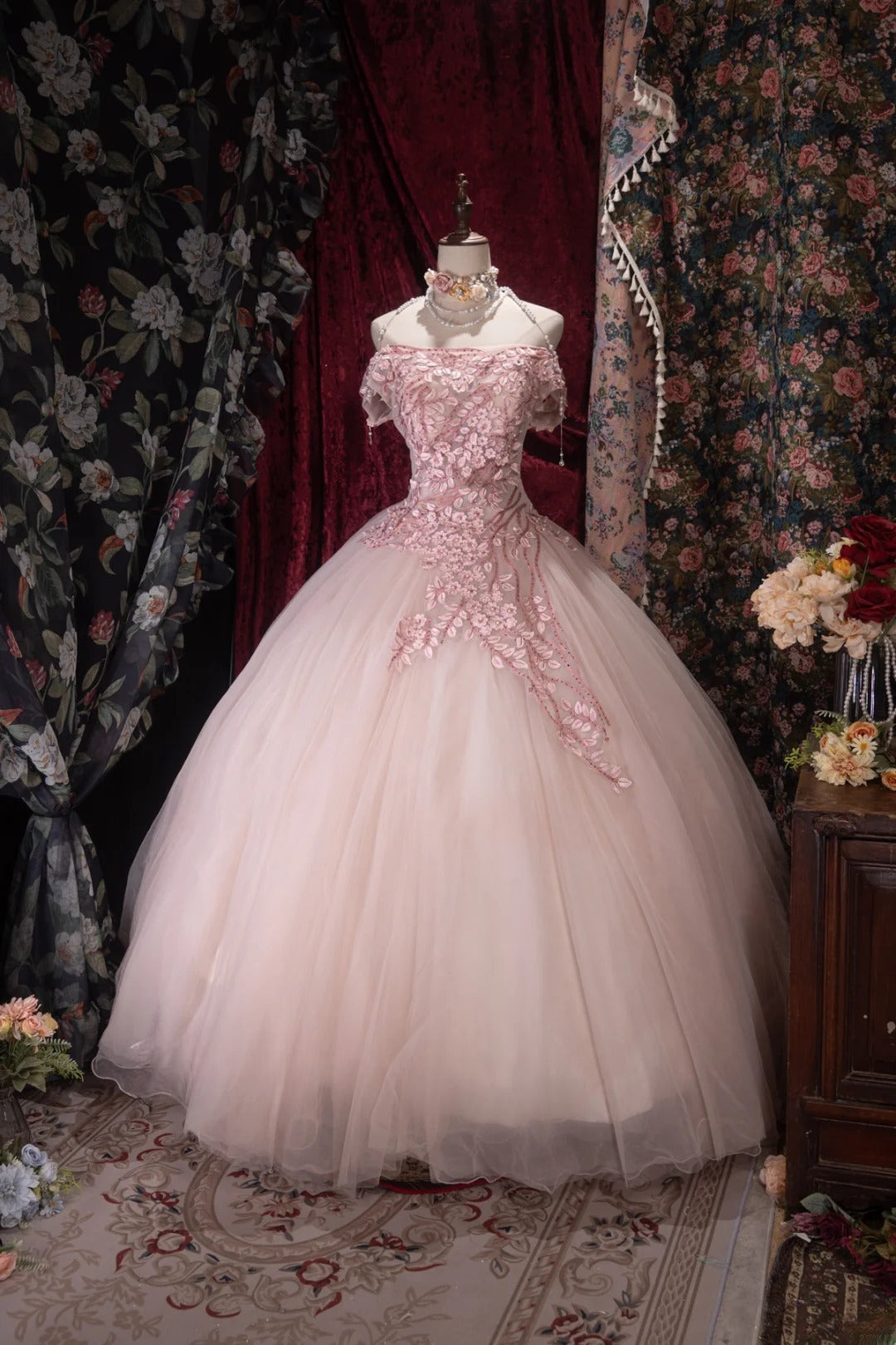 Dreamy Ball Gown Off The Shoulder Pink Tulle With Appliqued Long Quince Dress Quinceanera Dresses Formal Birthday Outfits RB8046