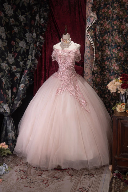 Dreamy Ball Gown Off The Shoulder Pink Tulle With Appliqued Long Quince Dress Quinceanera Dresses Formal Birthday Outfits RB8046