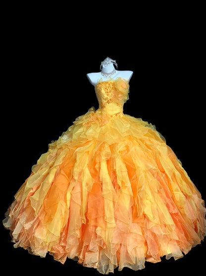 Princess Ball Gown Strapless Yellow With Tiered Layers Flowers Long Sweet 16 Dresses Quinceanera Dress RB3363
