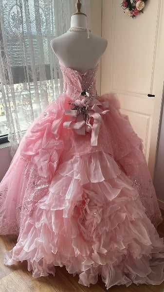 Sweet 16 Dresses Long Sweetheart Pink Tulle Floor Length Ball Gown Sweet Sixteen Birthday Gown RC0391