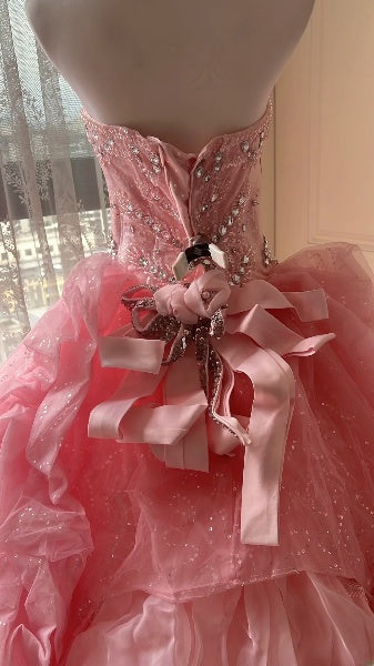 Sweet 16 Dresses Long Sweetheart Pink Tulle Floor Length Ball Gown Sweet Sixteen Birthday Gown RC0391