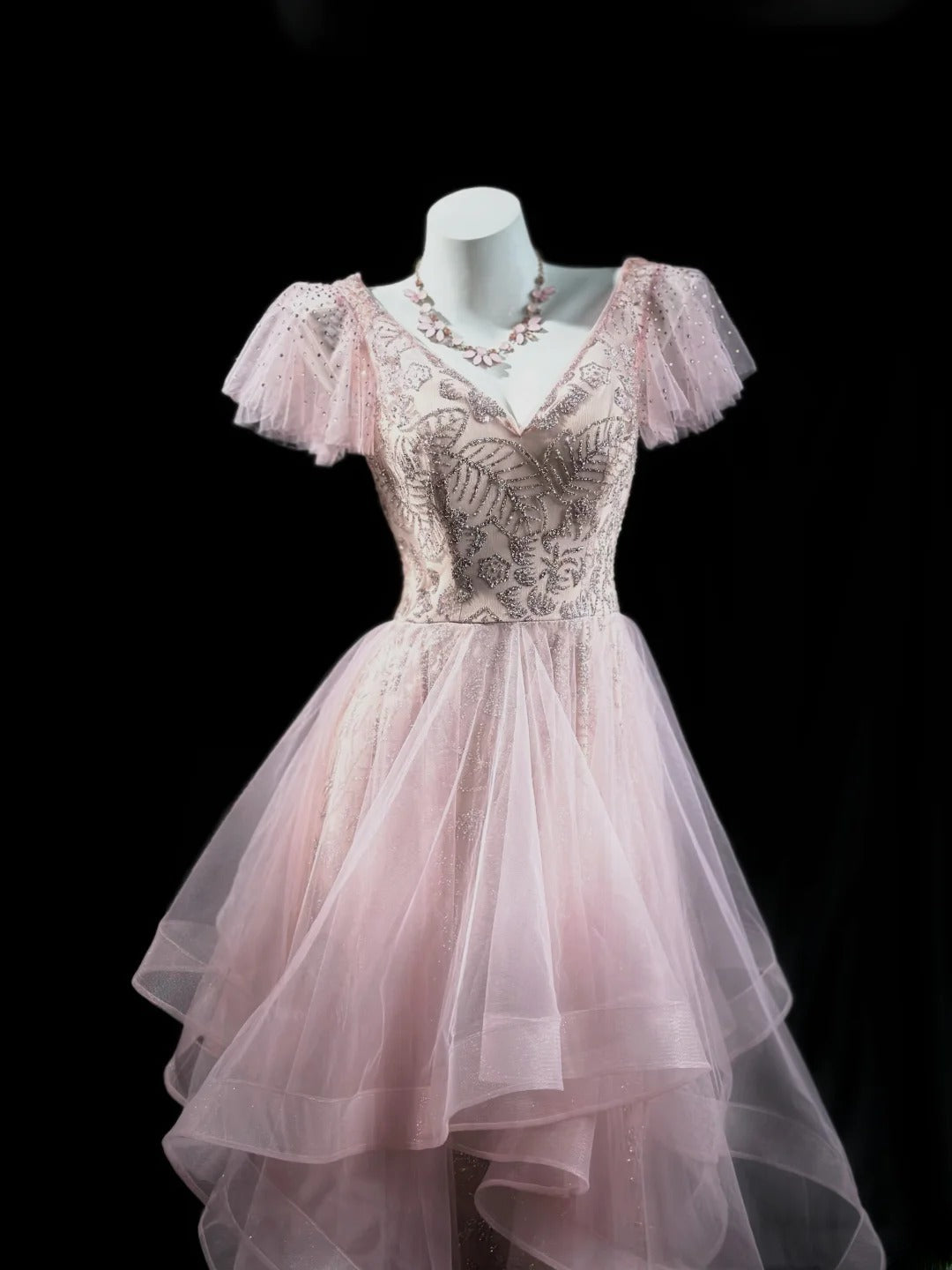Refined Prom Dresses High Low V Neck Pink Tulle With Sleeves Evening Dress Formal Outfits RB5830