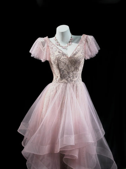 Refined Prom Dresses High Low V Neck Pink Tulle With Sleeves Evening Dress Formal Outfits RB5830