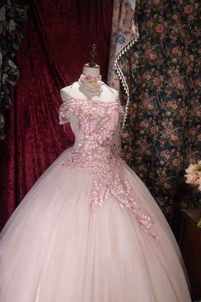 Dreamy Ball Gown Off The Shoulder Pink Tulle With Appliqued Long Quince Dress Quinceanera Dresses Formal Birthday Outfits RB8046