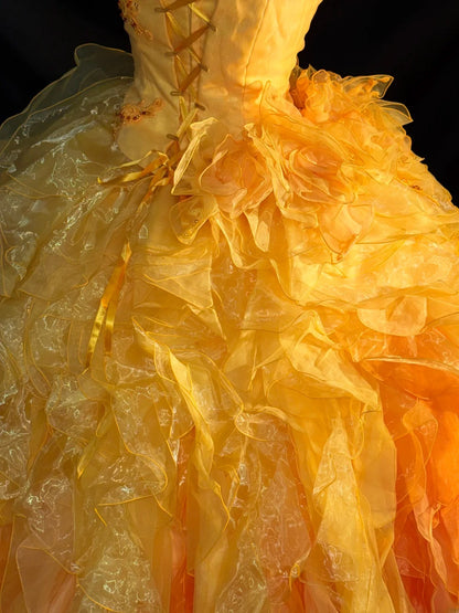 Princess Ball Gown Strapless Yellow With Tiered Layers Flowers Long Sweet 16 Dresses Quinceanera Dress RB3363