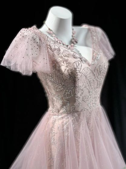 Refined Prom Dresses High Low V Neck Pink Tulle With Sleeves Evening Dress Formal Outfits RB5830