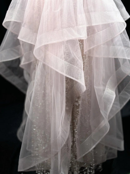 Refined Prom Dresses High Low V Neck Pink Tulle With Sleeves Evening Dress Formal Outfits RB5830