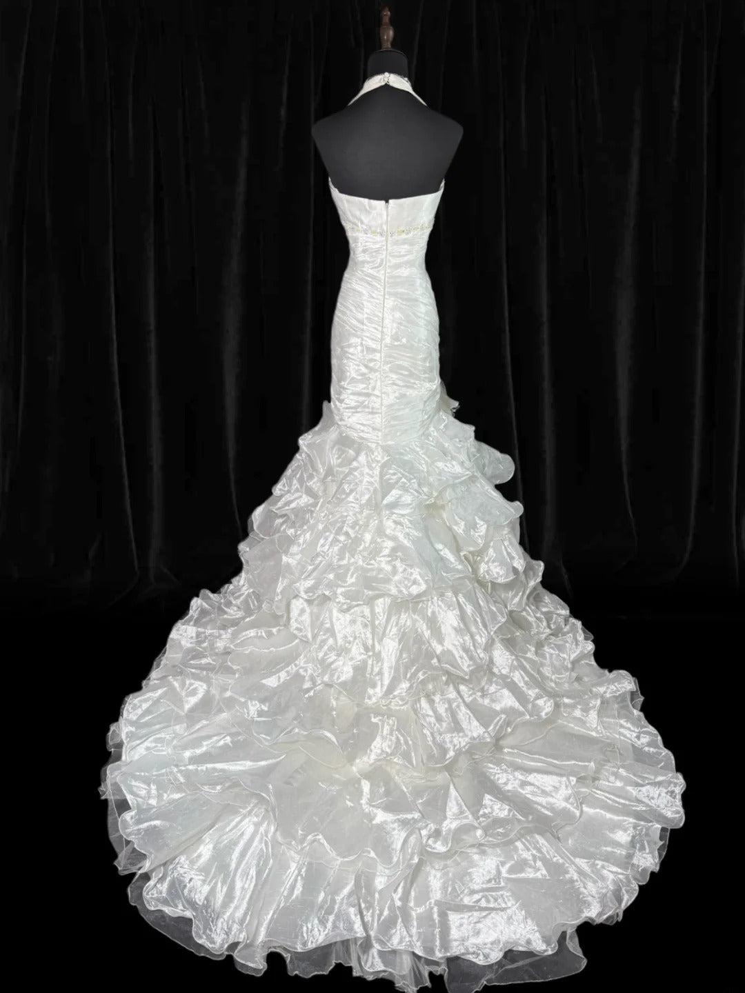 Timeless Women's Mermaid Halter Sleeveless White Taffeta Tiered Pleated With Beads Long Vintage Fitted 1920s Wedding Dresses AS022