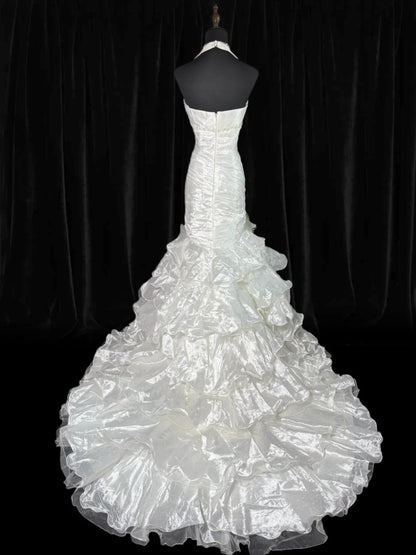 Timeless Women's Mermaid Halter Sleeveless White Taffeta Tiered Pleated With Beads Long Vintage Fitted 1920s Wedding Dresses AS022