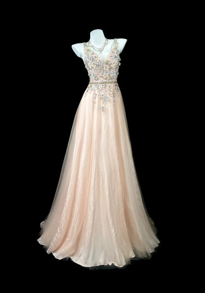 Refined Prom Dresses A Line V Neck Blush Pink Tulle With Flowers Evening Dress Formal Outfits RB5831