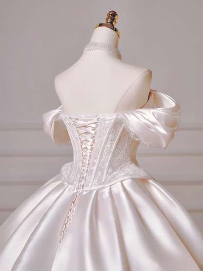 Princess Long Wedding Gowns Ball Gown Sweetheart Pleated Satin for Bride With Removable Sleeves White Bridal Dress AQ022