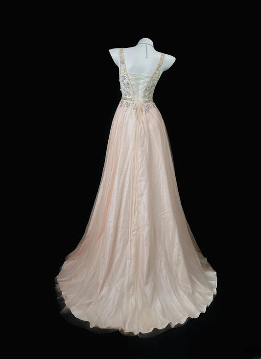 Refined Prom Dresses A Line V Neck Blush Pink Tulle With Flowers Evening Dress Formal Outfits RB5831
