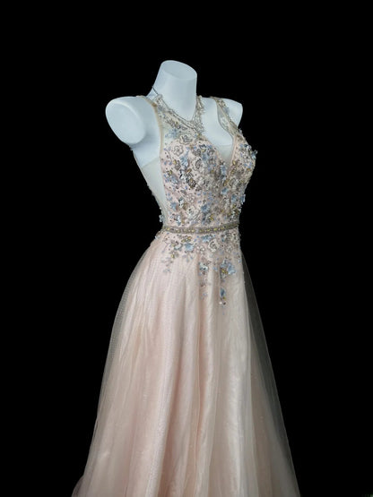 Refined Prom Dresses A Line V Neck Blush Pink Tulle With Flowers Evening Dress Formal Outfits RB5831