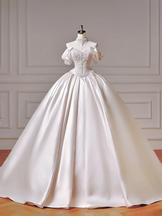 Princess Long Wedding Gowns Ball Gown Sweetheart Pleated Satin for Bride With Removable Sleeves White Bridal Dress AQ022