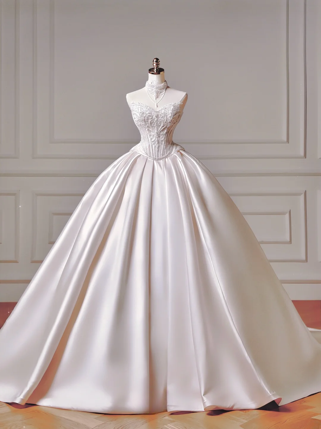 Princess Long Wedding Gowns Ball Gown Sweetheart Pleated Satin for Bride With Removable Sleeves White Bridal Dress AQ022