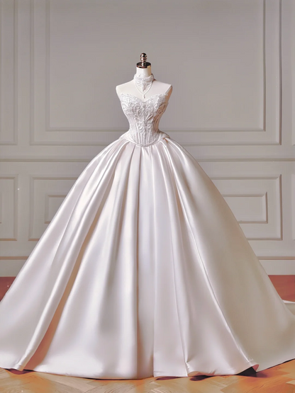 Princess Long Wedding Gowns Ball Gown Sweetheart Pleated Satin for Bride With Removable Sleeves White Bridal Dress AQ022