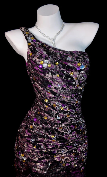 Grape Prom Dress Mermaid One Shoulder Lace Satin Modest Floor Length Formal Party Gown RB9827