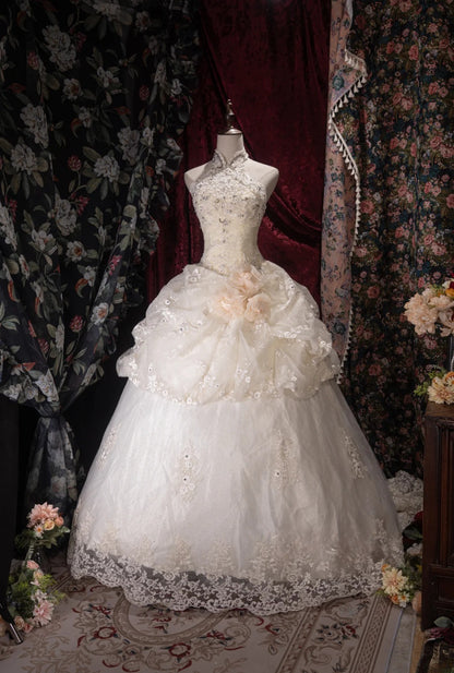 Dreamy Ball Gown High Neck Ivory Tulle With Appliqued Ruffled Long Quince Dress Quinceanera Dresses Formal Birthday Outfits RB8047