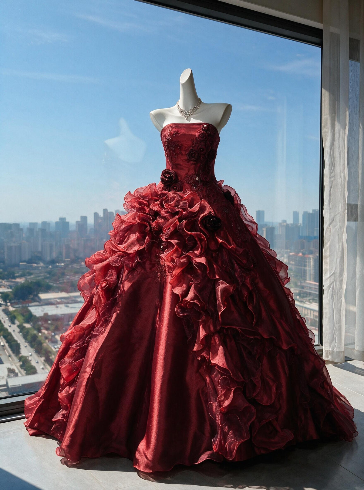 Fairytale Quinceanera Dress Ball Gown Strapless Burgundy Organza With Ruffled Layers 15th Birthday Party Outfit RC0982