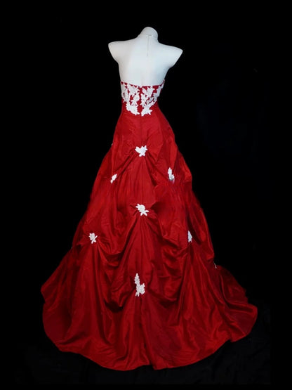 Red Prom Dress Ball Gown Strapless Lace Satin Modest Floor Length Formal Party Gown RB9828