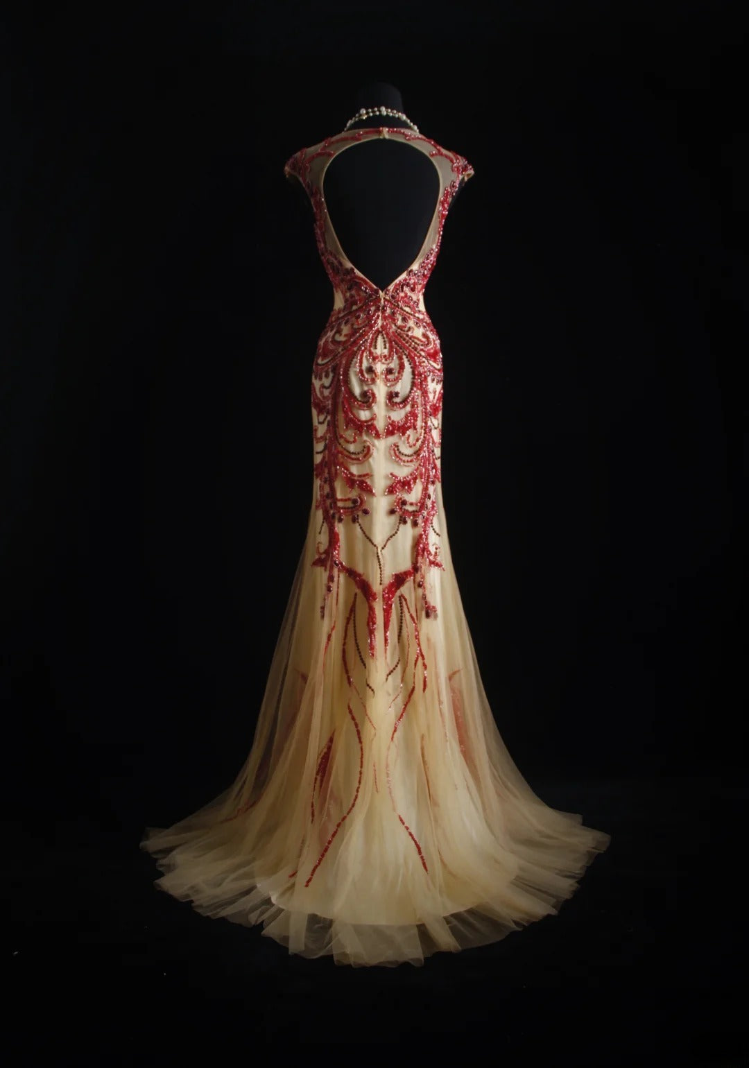 Vintage Prom Dresses 90s Formal Mermaid Scoop Neck Champagne With Red Beadings Long Party Gowns Prom Dresses AS023
