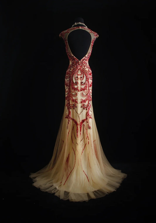 Vintage Prom Dresses 90s Formal Mermaid Scoop Neck Champagne With Red Beadings Long Party Gowns Prom Dresses AS023