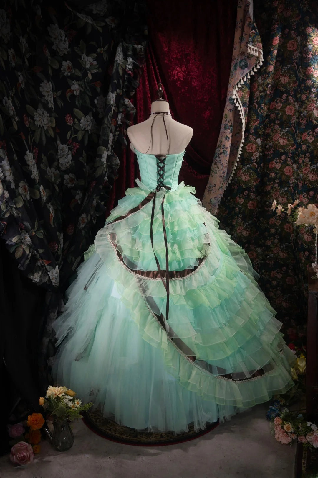 Dreamy Ball Gown Strapless Blue Green Tulle With Tiered Layers Long Quince Dress Quinceanera Dresses Formal Birthday Outfits RB8048