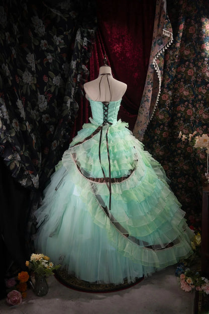 Dreamy Ball Gown Strapless Blue Green Tulle With Tiered Layers Long Quince Dress Quinceanera Dresses Formal Birthday Outfits RB8048