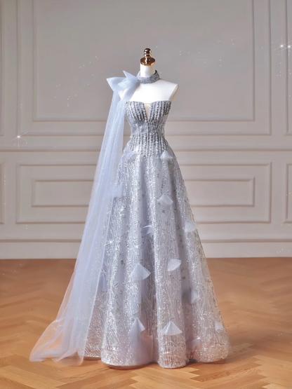 Modest Prom Dresses Aesthetic Ball Gown Strapless Light Sky Blue Sequin Corset Fitted Impress Long Party Formal Gown For Teens High Schools Girls AQ023