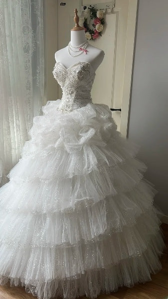Sweet 16 Dresses Long Sweetheart White Tulle Floor Length Ball Gown Sweet Sixteen Birthday Gown RC0393