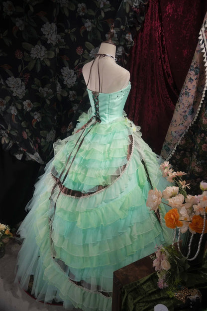 Dreamy Ball Gown Strapless Blue Green Tulle With Tiered Layers Long Quince Dress Quinceanera Dresses Formal Birthday Outfits RB8048