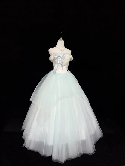 Fairytale Prom Dresses Ball Gown Strapless Light Mint Green Tulle With Bow Evening Long Formal Dress RB7397