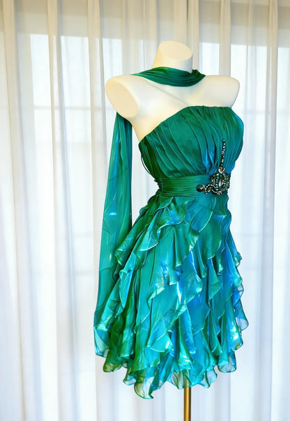 Vintage A Line Strapless Green Chiffon Hoco Gowns Short 18th Birthday Dress Homecoming Dresses Cocktail Gown AS023