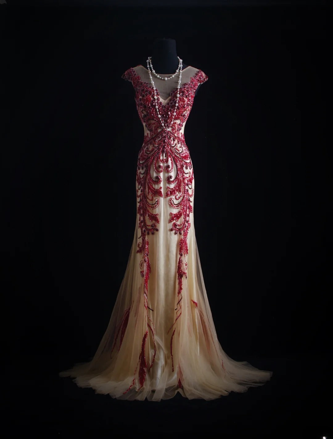Vintage Prom Dresses 90s Formal Mermaid Scoop Neck Champagne With Red Beadings Long Party Gowns Prom Dresses AS023