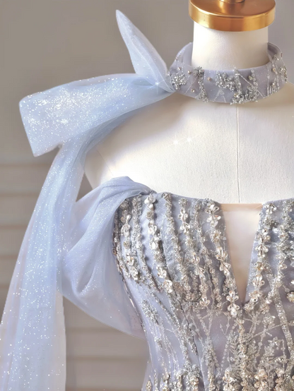 Modest Prom Dresses Aesthetic Ball Gown Strapless Light Sky Blue Sequin Corset Fitted Impress Long Party Formal Gown For Teens High Schools Girls AQ023