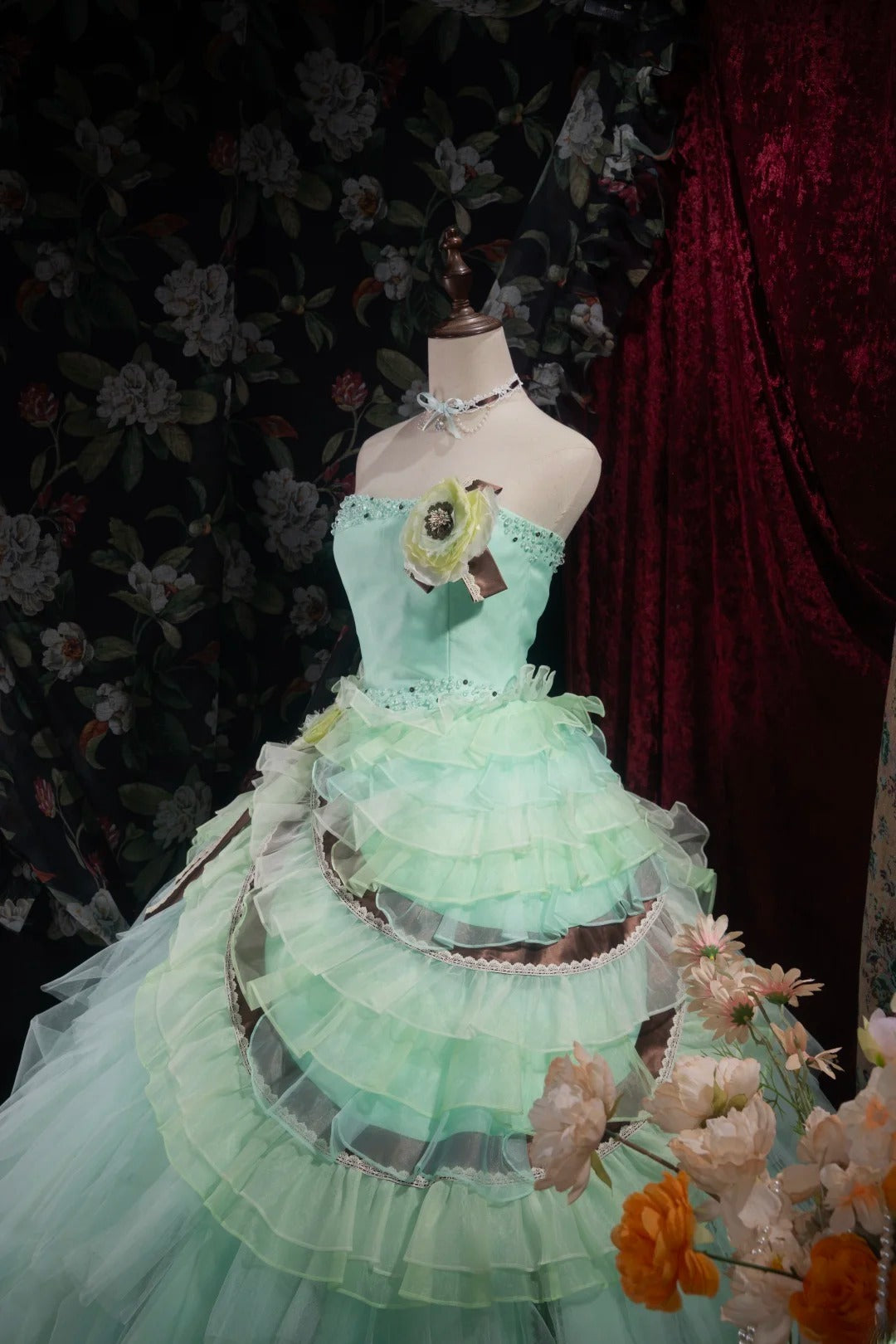 Dreamy Ball Gown Strapless Blue Green Tulle With Tiered Layers Long Quince Dress Quinceanera Dresses Formal Birthday Outfits RB8048