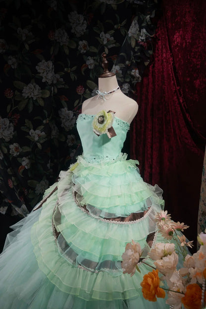 Dreamy Ball Gown Strapless Blue Green Tulle With Tiered Layers Long Quince Dress Quinceanera Dresses Formal Birthday Outfits RB8048