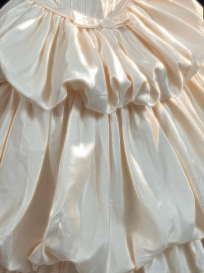 Ethereal Ball Gowns High Neck Ivory Satin With Gold Beading Court Train Wedding Dresses RB3365