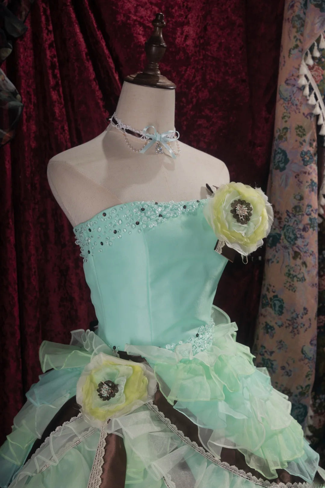 Dreamy Ball Gown Strapless Blue Green Tulle With Tiered Layers Long Quince Dress Quinceanera Dresses Formal Birthday Outfits RB8048