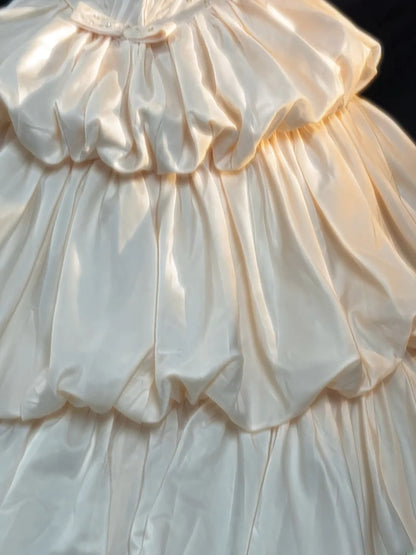 Ethereal Ball Gowns High Neck Ivory Satin With Gold Beading Court Train Wedding Dresses RB3365