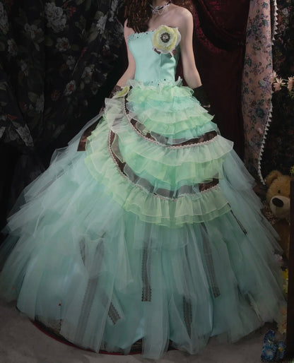 Dreamy Ball Gown Strapless Blue Green Tulle With Tiered Layers Long Quince Dress Quinceanera Dresses Formal Birthday Outfits RB8048