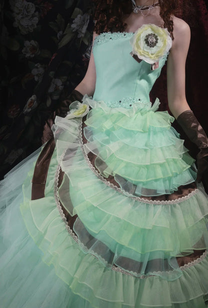 Dreamy Ball Gown Strapless Blue Green Tulle With Tiered Layers Long Quince Dress Quinceanera Dresses Formal Birthday Outfits RB8048