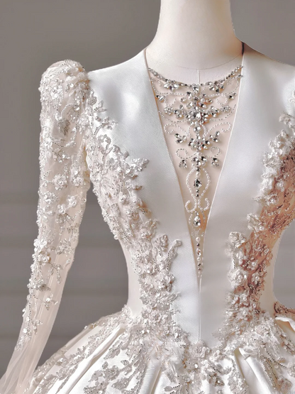 Princess Long Wedding Gowns Ball Gown V Neck Satin for Bride With Long Sleeves Beaded Bodice Bridal Dress AQ024